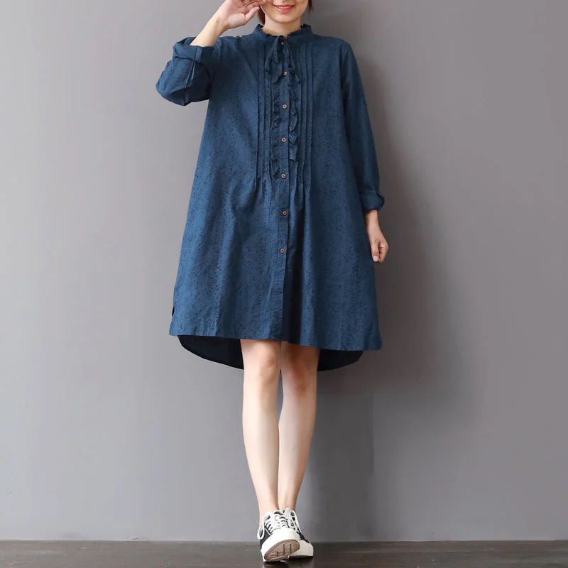 bodycon dressfashion blue linen shift dresses Loose fitting traveling shirt dress 2018 ruffles collar cotton clothing