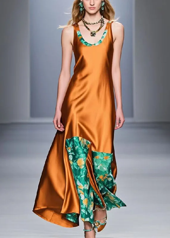 wool dressUnique Caramel Asymmetrical Patchwork Silk Long Dress Sleeveless