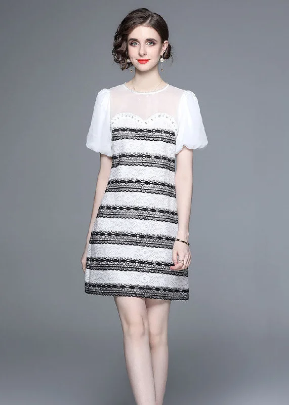 casual knit dressStylish White O-Neck Zircon Tulle Patchwork Lace Mid Dress Summer