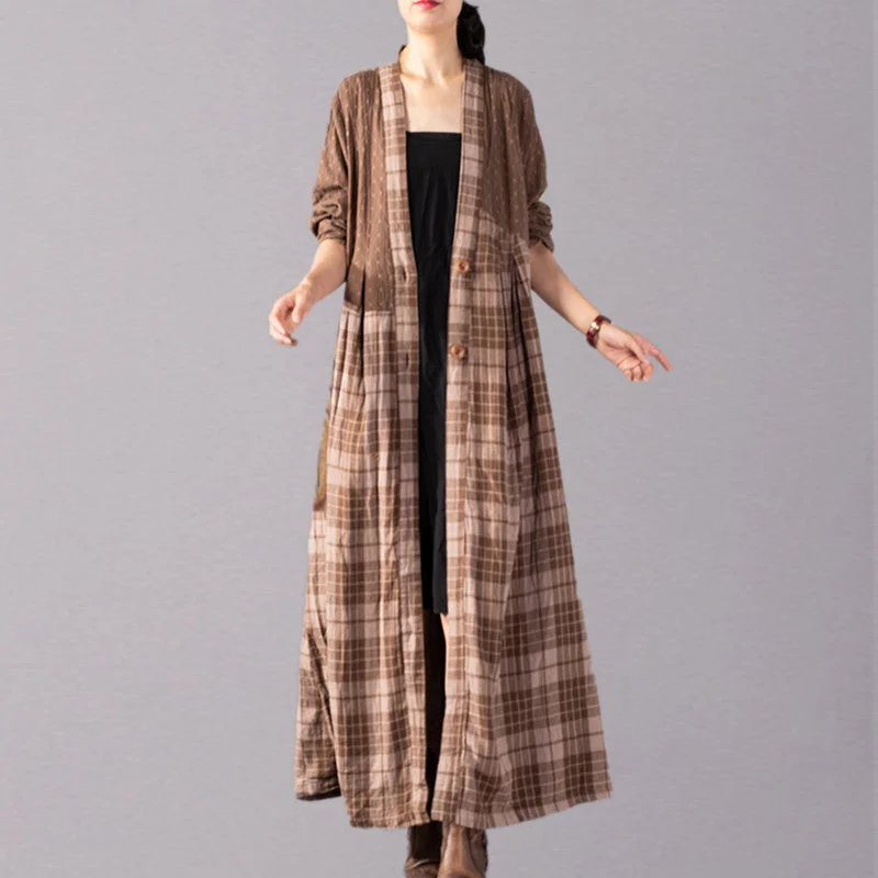 evening dressboutique khaki Plaid coats Loose fitting V neck large hem long coat boutique patchwork maxi coat