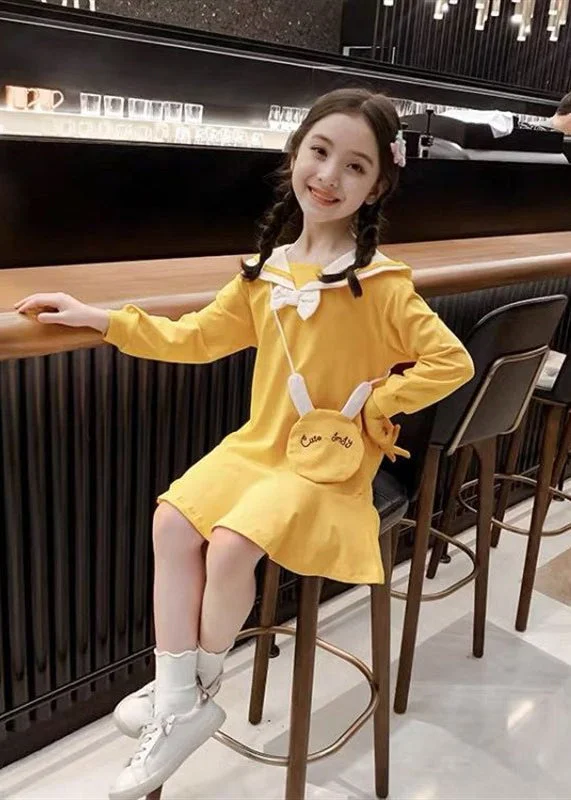 winter dressElegant Yellow O-Neck Patchwork Girls A Line Mid Dress Long Sleeve