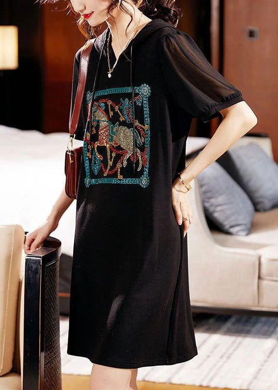 classic fit-and-flare dressFashion Black Hooded Zircon Patchwork Cotton Dress Summer