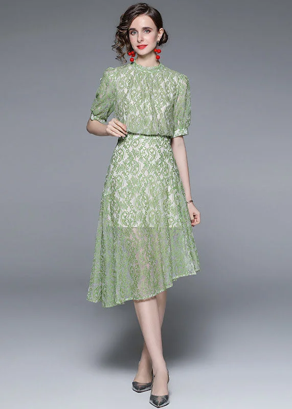 form-fitting dressFashion Green Jacquard Asymmetrical Patchwork Lace Mid Dress Summer