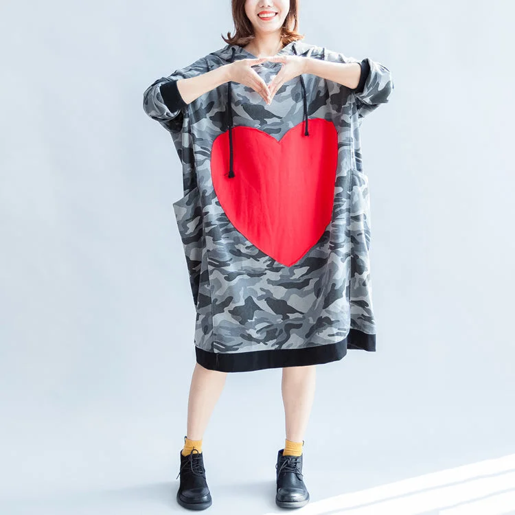 cocktail dress2024 fall prints ruffles black cotton shift dresses hooded oversize casual dress patchwork loving heart