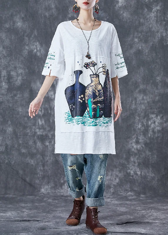 casual shift dressDIY White Oversized Patchwork Applique Cotton Dress Summer