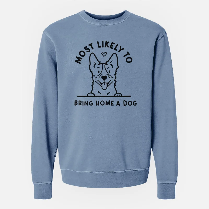 warm athletic hoodieMost Likely to Bring Home a Dog - Heeler - Unisex Pigment Dyed Crew Sweatshirt