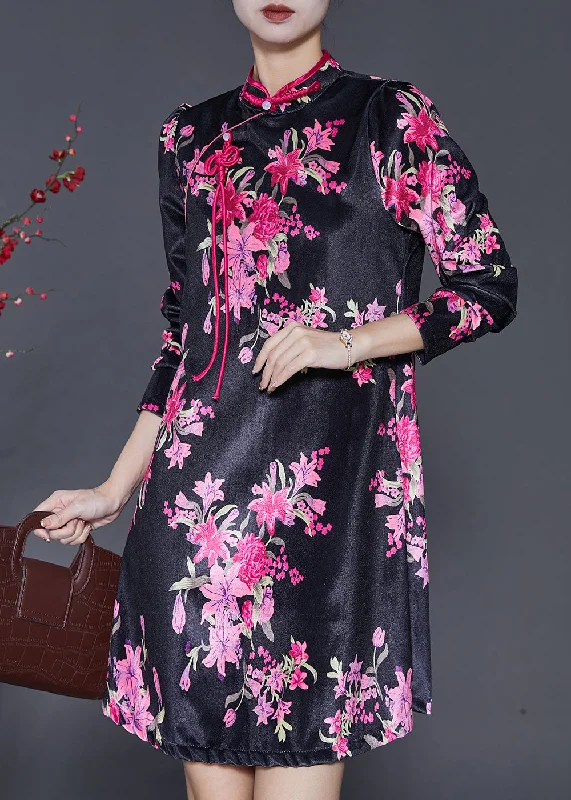 wrap-around dressChinese Style Black Print Silk Velvet Mini Dresses Spring