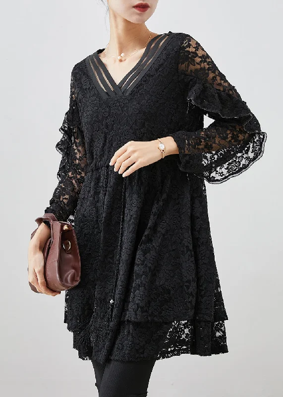 boho dressBlack Silm Fit Lace A Line Dress Tie Waist Fall