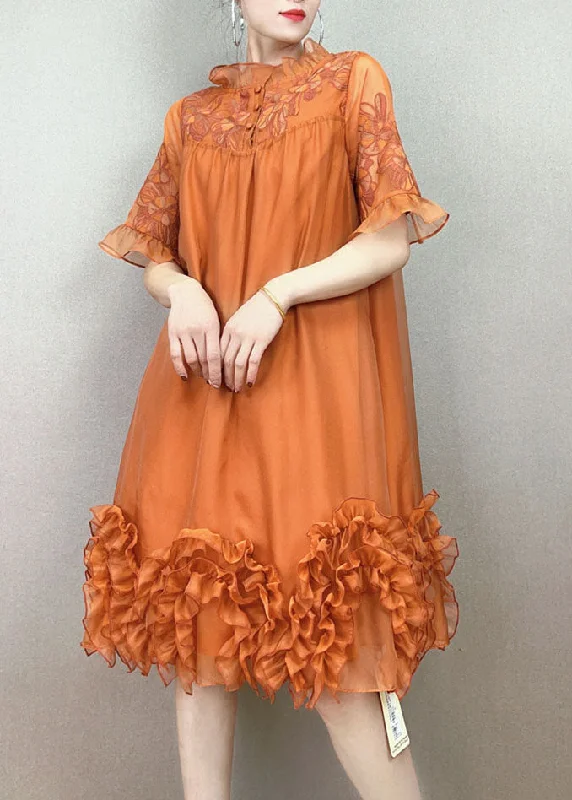 lace dressHandmade Orange Ruffled Embroideried Patchwork Tulle Dress Summer