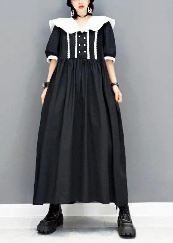 high-waisted dressdiy Black Peter Pan CollarButtonPatchwork Half Sleeve Robe Dresses Fall