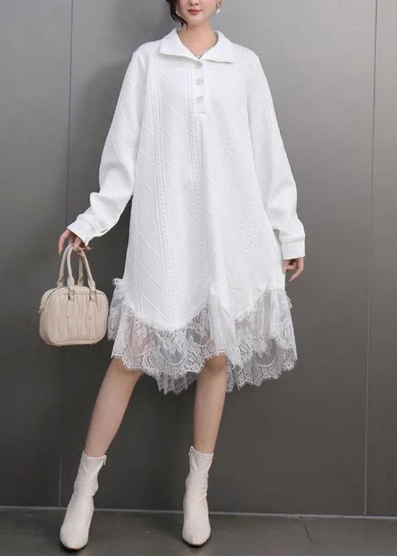 flowy dressElegant White Peter Pan Collar Lace Patchwork Long Dresses Spring