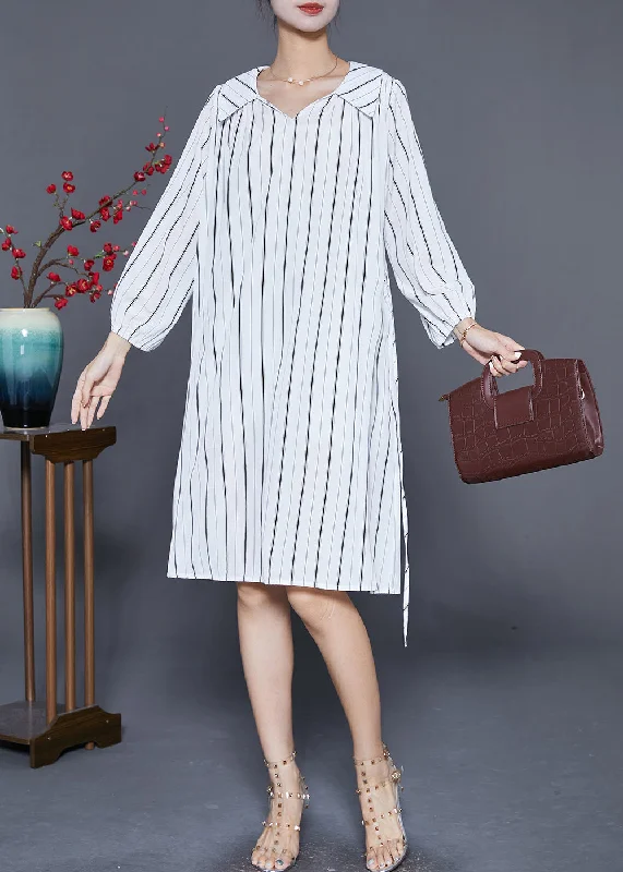 pleated dressHandmade White Striped Tie Waist Cotton Shirt Dresses Summer