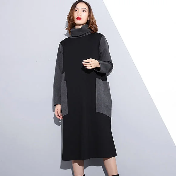 chic dresswomen black oversize traveling clothing patchwork vintage high neck side open clothing dress