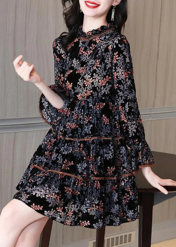 playful dressFrench Black Ruffled Print Silk Velour Mid Dress Spring