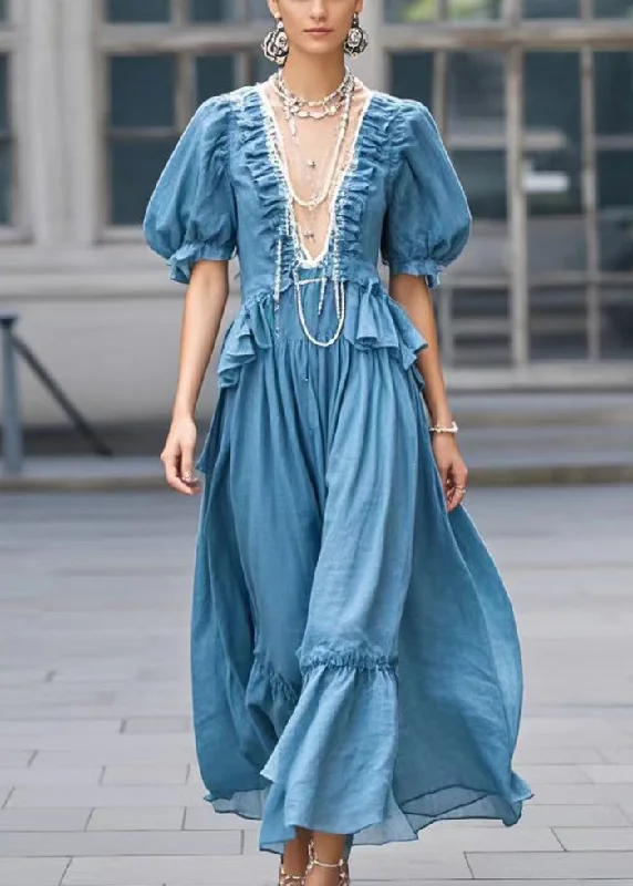 structured dressModern Blue Deep-V Neck Ruffled Cotton Dress Summer