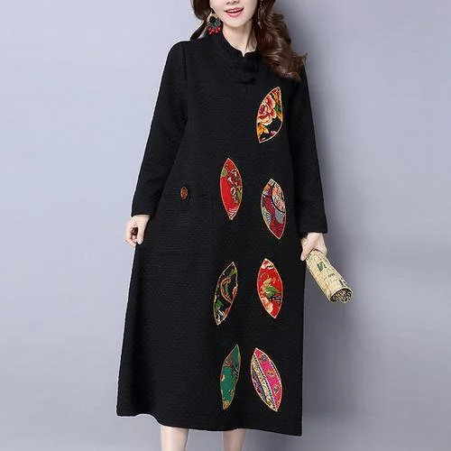 denim dresswinter thick black cotton embroidery dresses oversize vintage maxi dress