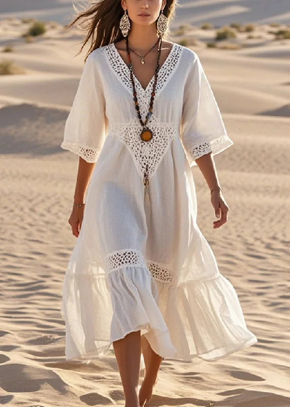 textured dressElegant White V Neck Patchwork Lace Robe Dresses Summer