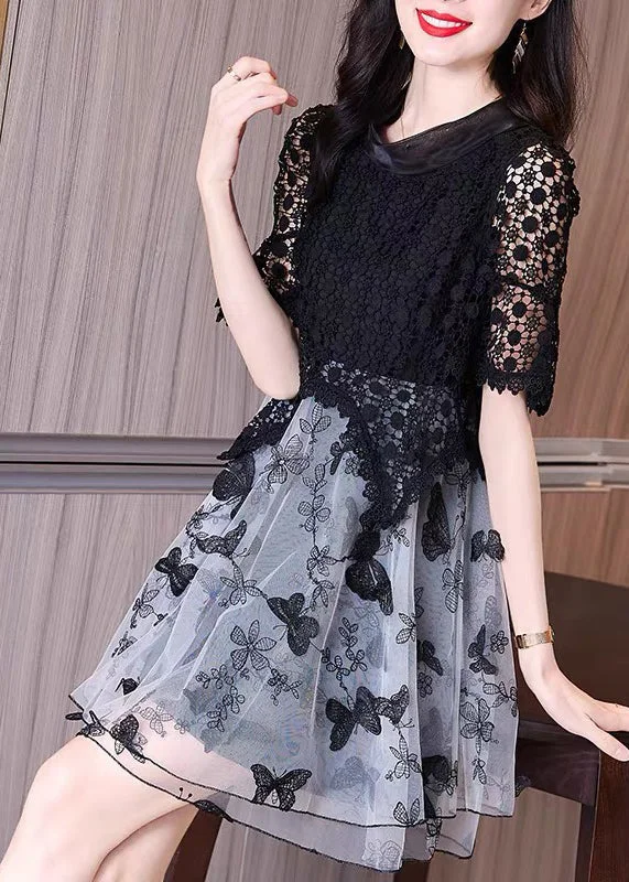 party dressItalian Black Embroideried Hollow Out Lace Patchwork Tulle Dresses Summer