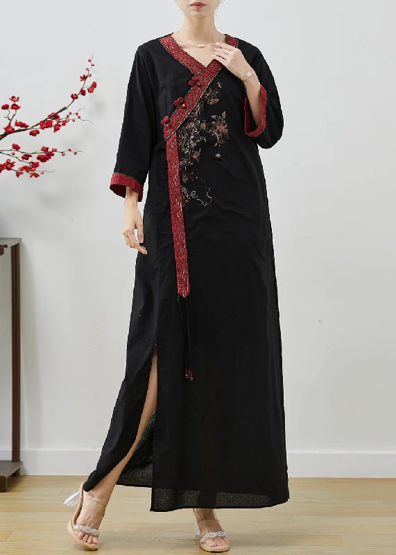 classic fit-and-flare dressBlack Patchwork Linen Robe Dresses Embroidered Side Open Summer