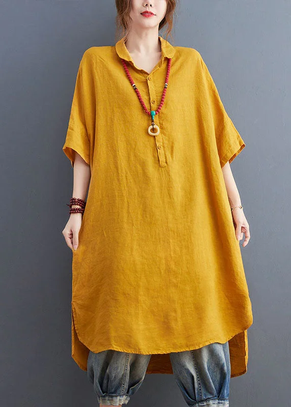 high-waisted dressLoose Yellow Peter Pan Collar Patchwork Cotton Shirts Dress Summer