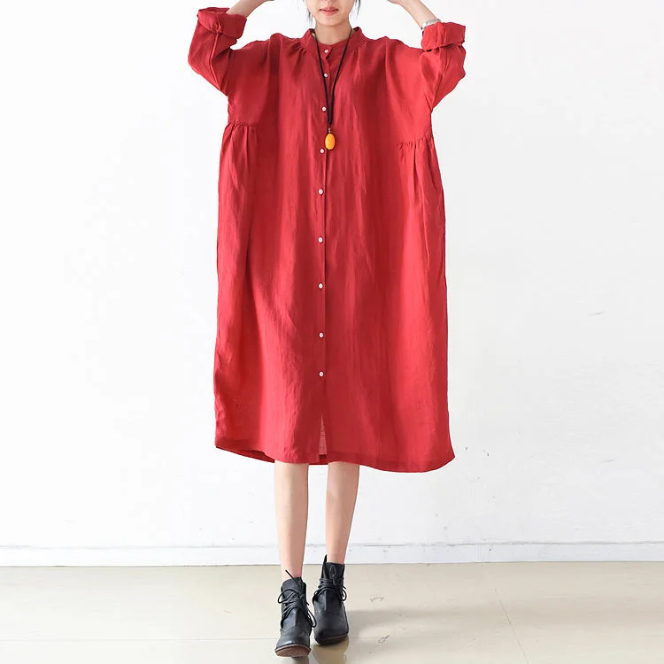 party dress2024 fall red linen dresses plus size casual shirt dress oversize linen clothing