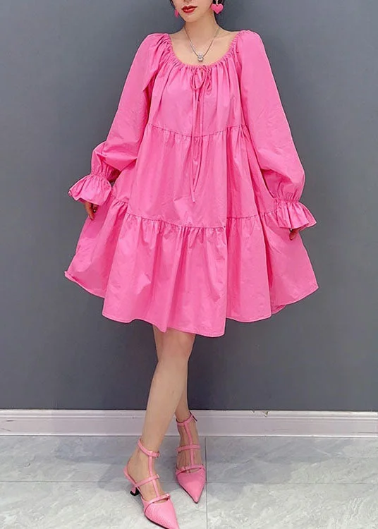 party-ready dressStylish Pink O Neck Cinched Patchwork Cotton Dress Lantern Sleeve