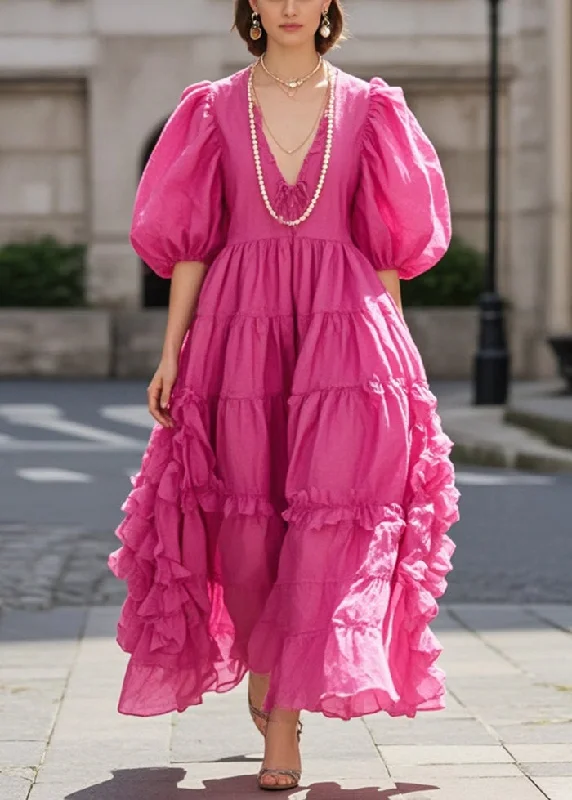 playful dressWomen Rose Ruffled Exra Large Hem Cotton Dress Puff Sleeve