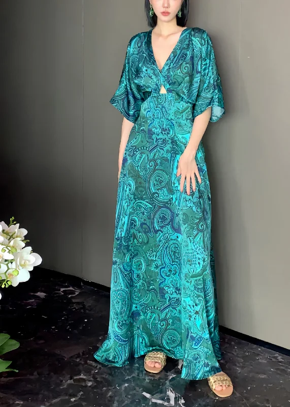 one-shoulder dressChic Green V Neck Print Backless Silk Maxi Dresses Long Sleeve