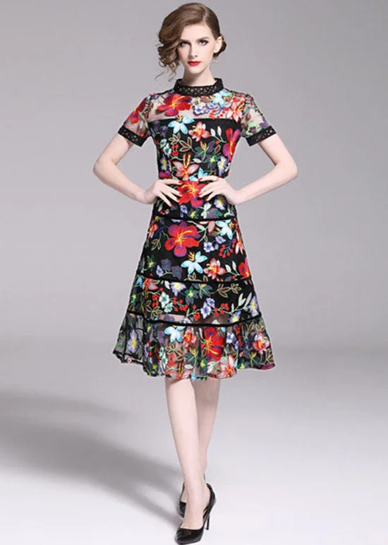 stylish dressSlim Fit Floral Embroideried Patchwork Tulle Mid Dress Summer