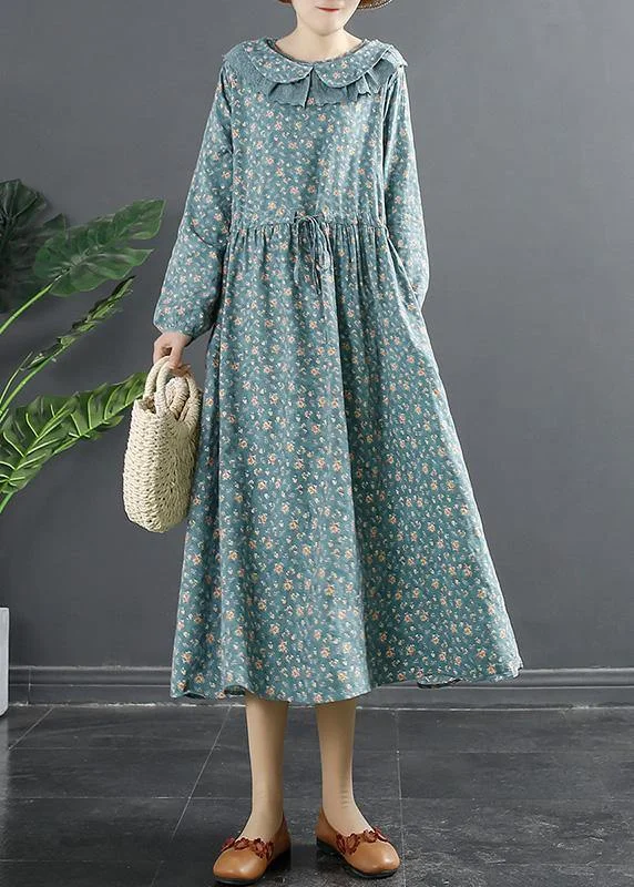 pleated maxi dressElegant Peter Pan Collar Dresses Tops Blue Print Robe Dresses