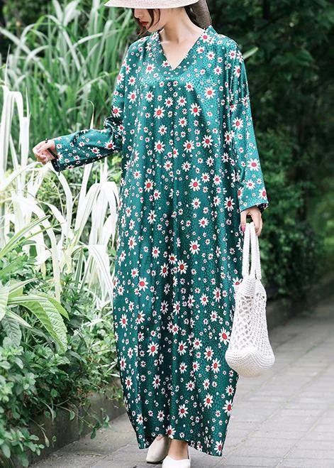 casual summer dressFrench Green Daisy Print Summer Dress Long Caftan Sundress