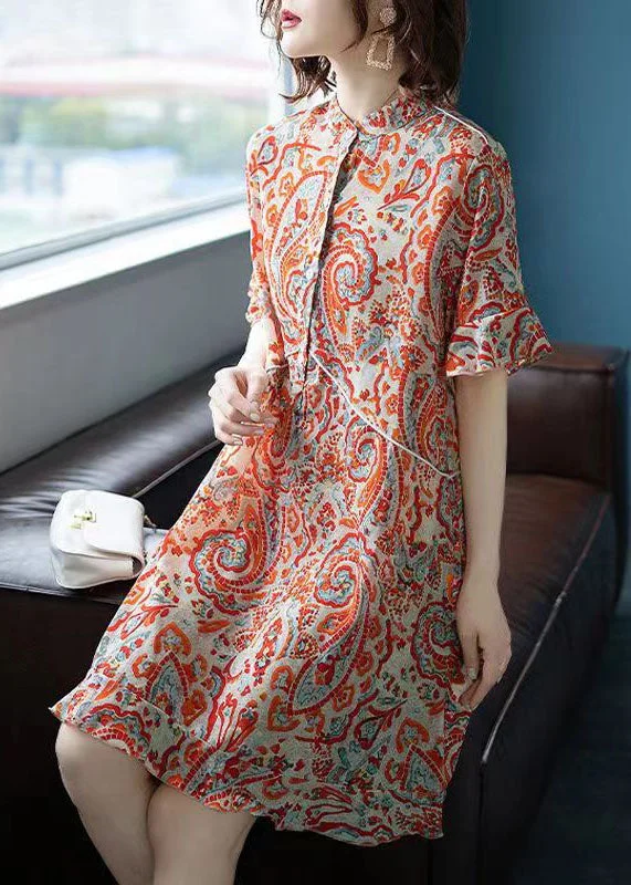 casual summer dressFine Orange Stand Collar Print Patchwork Chiffon Dresses Summer