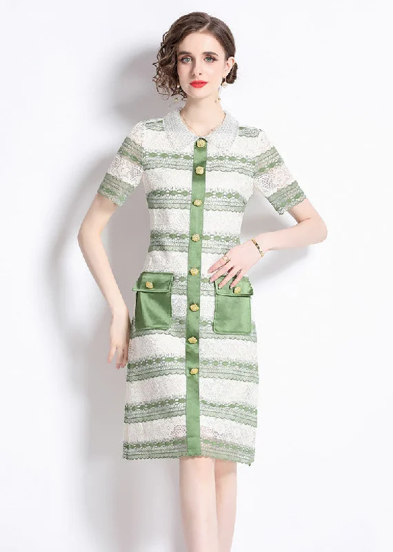 classic fit-and-flare dressNew Green Hollow Out Embroideried Patchwork Lace Mid Dress Summer