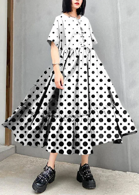 ruched dressClassy White polka dots cotton clothes o neck Cinched cotton robes summer Dresses