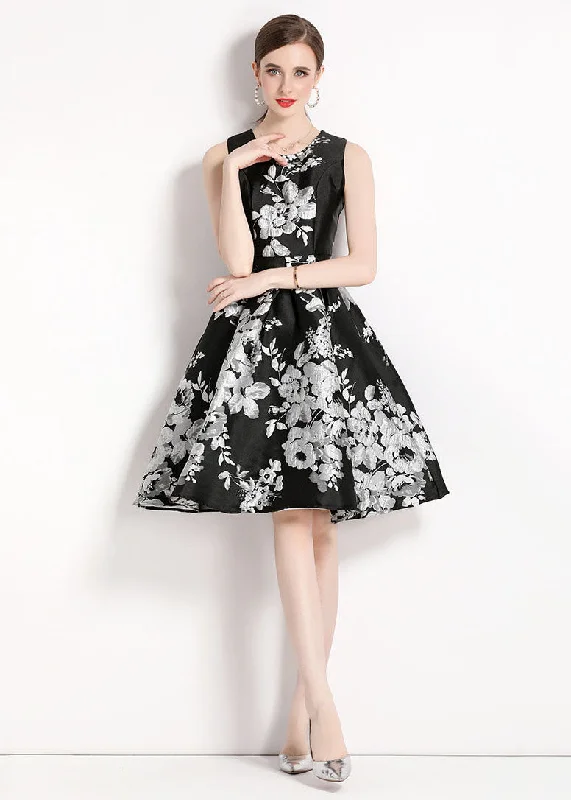 vintage-inspired dressWomen Black O Neck Jacquard Patchwork Chiffon Mid Dress Sleeveless