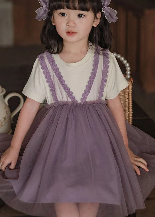 draped dressStyle Purple Wrinkled Lace Patchwork False Two Pieces Tulle Baby Girls Dress Summer