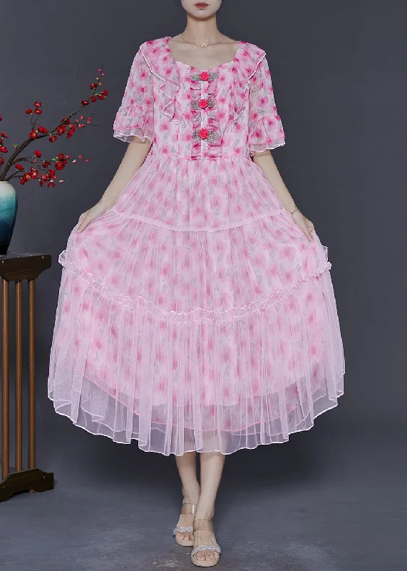 luxury dressWomen Pink Ruffled Floral Chiffon Dresses Summer