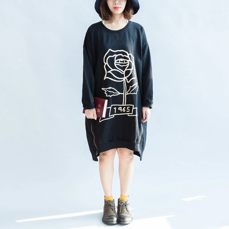 winter dressblack rose print cotton dresses oversized spring pullover dress