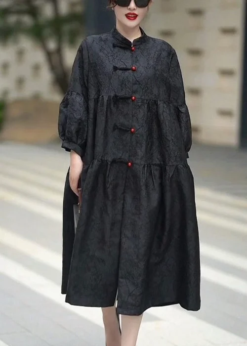 evening dressFrench Black Stand Collar Button Silk Shirts Dresses Spring