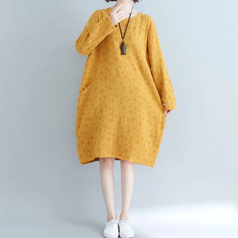 sophisticated dressDIY yellow dotted Cotton tunic dress Casual Runway pockets cotton Dress