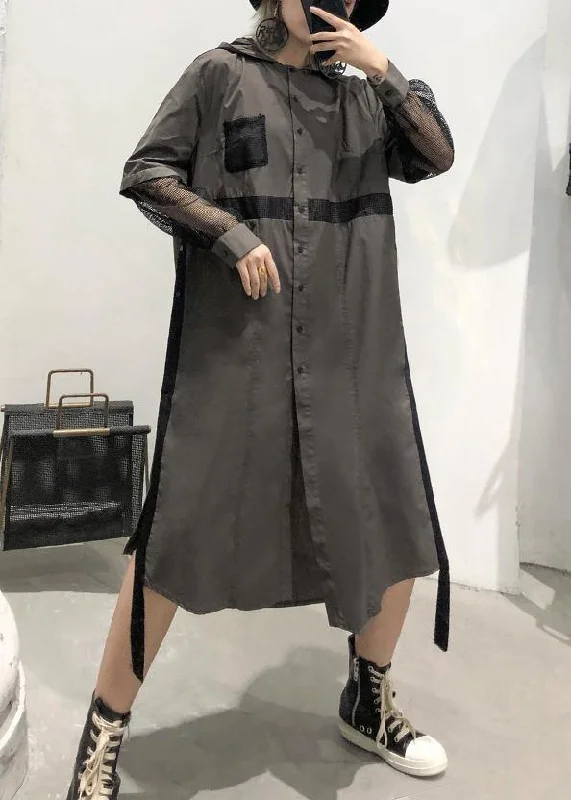 elegant dressNatural lapel collar patchwork tulle cotton tunic dress Work gray green Traveling lapel Dress