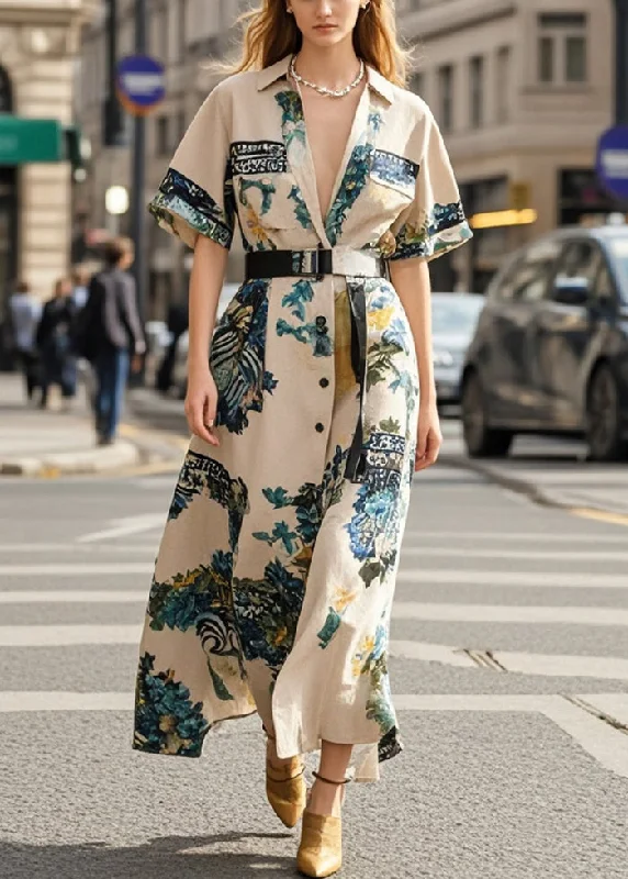 chic wrap dressBeautiful Khaki Cinched Print Cotton Robe Dresses Summer