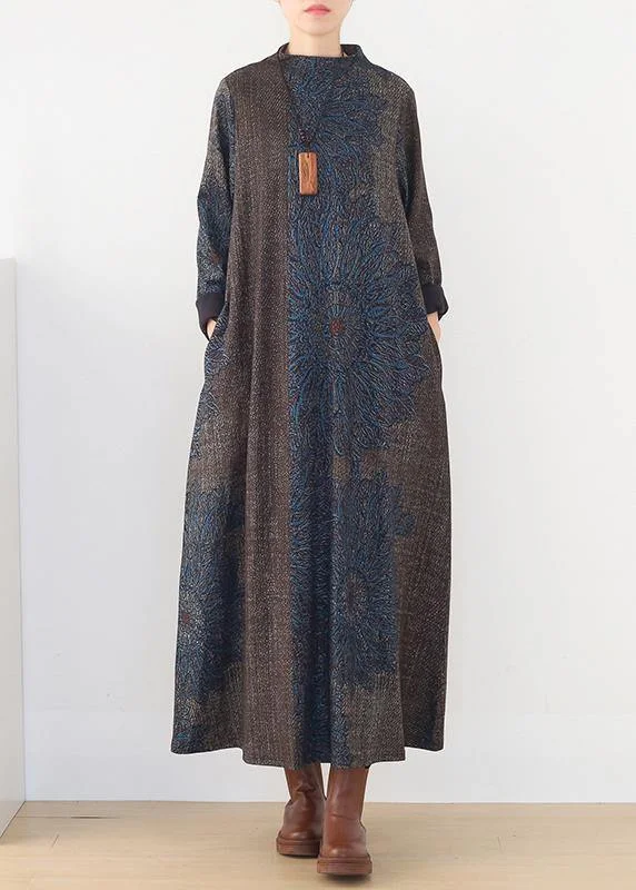 A-line dresswinter blue prints retro loose large size dress