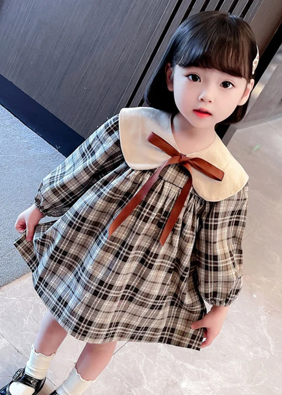 off-shoulder dressHandmade Khaki Plaid Bow Detachable Girls Mid Dresses Long Sleeve