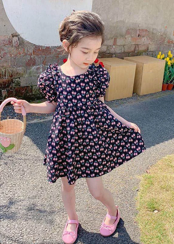 casual slip dressLovely Black Ruffled Print Patchwork Chiffon Baby Girls Princess Dress Summer