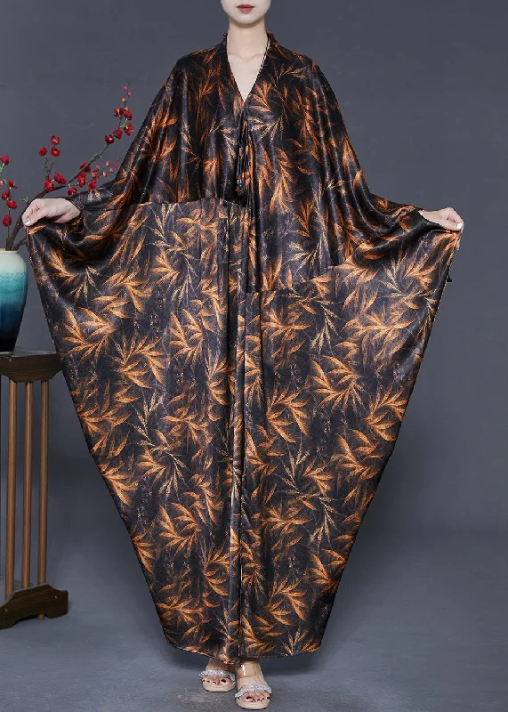 sophisticated dressUnique Black Oversized Print Silk Ankle Dresses Batwing Sleeve