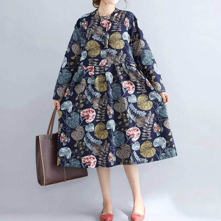 off-shoulder dressbaggy navy prints linen knee dress plus size 2018 long sleeve patchwork cotton clothing