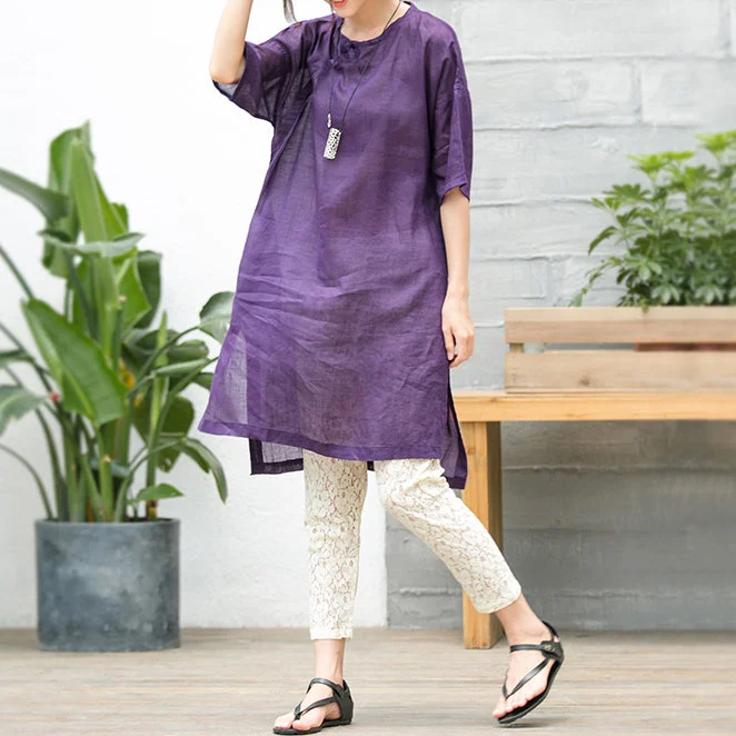 minimalistic dressElegant purple natural cotton linen dress oversize traveling clothing Fine short sleeve O neck a line skirts cotton linen dress