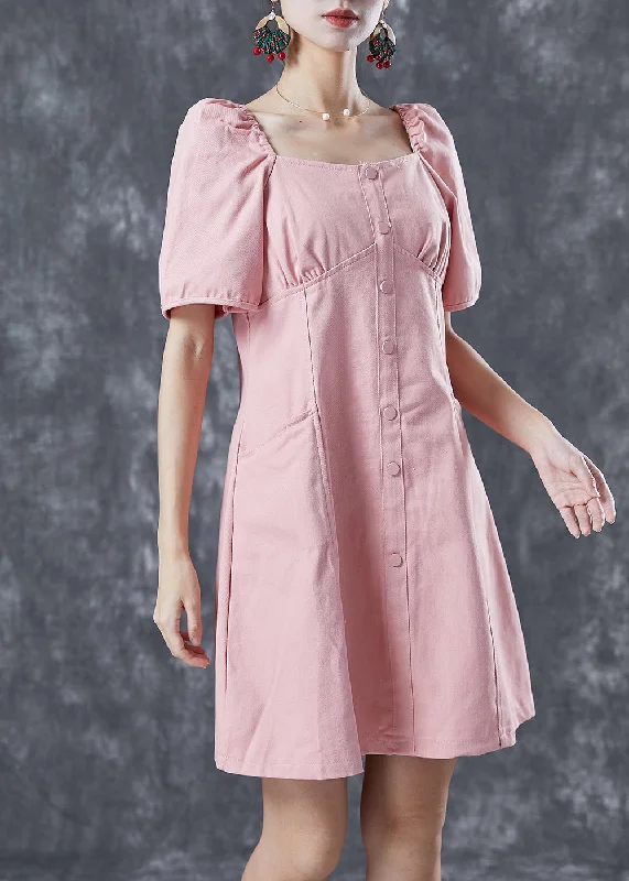 minimalistic dressFrench Pink Square Collar Bustier Top Denim Mid Dresses Summer