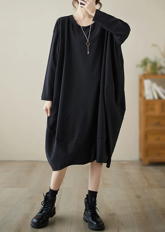 chic wrap dressFrench Black O-Neck Low High Design Cotton Dress Fall